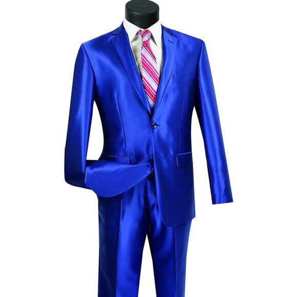 Mens Slim Fitted Shiny Sharkskin Suit in Royal Blue - Picture 1 of 2